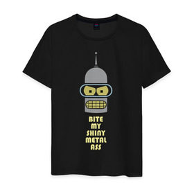 Мужская футболка хлопок с принтом Bite my ass в Екатеринбурге, 100% хлопок | прямой крой, круглый вырез горловины, длина до линии бедер, слегка спущенное плечо. | bender | futurama | бендер | зойдберг | космос | футурама