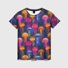 Женская футболка 3D с принтом Медузы в Екатеринбурге, 100% полиэфир ( синтетическое хлопкоподобное полотно) | прямой крой, круглый вырез горловины, длина до линии бедер | лето | медузы | море | океан. рыбы | подводный мир