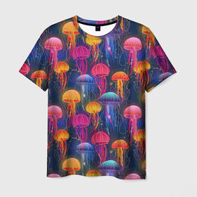 Мужская футболка 3D с принтом Медузы в Екатеринбурге, 100% полиэфир | прямой крой, круглый вырез горловины, длина до линии бедер | лето | медузы | море | океан. рыбы | подводный мир