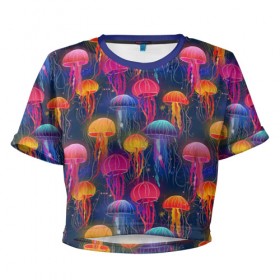 Женская футболка 3D укороченная с принтом Медузы в Екатеринбурге, 100% полиэстер | круглая горловина, длина футболки до линии талии, рукава с отворотами | лето | медузы | море | океан. рыбы | подводный мир