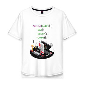 Мужская футболка хлопок Oversize с принтом Code while alive в Екатеринбурге, 100% хлопок | свободный крой, круглый ворот, “спинка” длиннее передней части | code | dev | developer | development | lifestyle | код | программа | программирование | программист | разработка | разработчик | стиль жизни