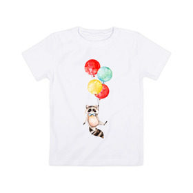 Детская футболка хлопок с принтом Енот в Екатеринбурге, 100% хлопок | круглый вырез горловины, полуприлегающий силуэт, длина до линии бедер | акварель | бабочка | воздушный | иллюстрация | илюстрация | полет | рисунок | шарик