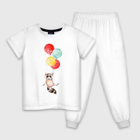 Детская пижама хлопок с принтом Енот в Екатеринбурге, 100% хлопок |  брюки и футболка прямого кроя, без карманов, на брюках мягкая резинка на поясе и по низу штанин
 | акварель | бабочка | воздушный | иллюстрация | илюстрация | полет | рисунок | шарик
