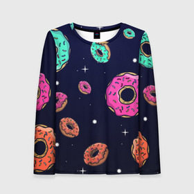Женский лонгслив 3D с принтом Black Milk Космические Пончики в Екатеринбурге, 100% полиэстер | длинные рукава, круглый вырез горловины, полуприлегающий силуэт | black milk | donut | donuts | space | the simpsons | trend | глазурь | дизайн | еда | звезда | звёзды | космос | мода | пончик | симпсоны | симсоны | сладкий | стиль | тренд | узор