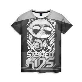 Женская футболка 3D с принтом Black Milk Stereo Kids в Екатеринбурге, 100% полиэфир ( синтетическое хлопкоподобное полотно) | прямой крой, круглый вырез горловины, длина до линии бедер | black milk | dj | kids | stereo | дети | дизайн | камуфляж | малыш | мода | наушники | ноты | очки | ребёнок | стерео | стиль