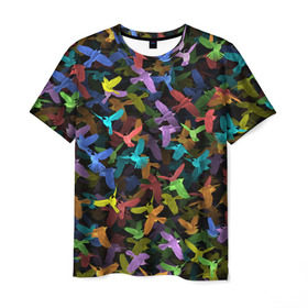 Мужская футболка 3D с принтом Разноцветные птички в Екатеринбурге, 100% полиэфир | прямой крой, круглый вырез горловины, длина до линии бедер | Тематика изображения на принте: ворбьи | куча | паттерн | птица | птицы | радуга | радужный | синцы | стая | текстура