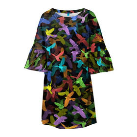 Детское платье 3D с принтом Разноцветные птички в Екатеринбурге, 100% полиэстер | прямой силуэт, чуть расширенный к низу. Круглая горловина, на рукавах — воланы | Тематика изображения на принте: ворбьи | куча | паттерн | птица | птицы | радуга | радужный | синцы | стая | текстура