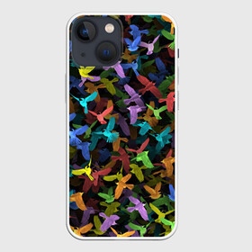 Чехол для iPhone 13 mini с принтом Разноцветные птички в Екатеринбурге,  |  | Тематика изображения на принте: ворбьи | куча | паттерн | птица | птицы | радуга | радужный | синцы | стая | текстура