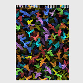 Скетчбук с принтом Разноцветные птички в Екатеринбурге, 100% бумага
 | 48 листов, плотность листов — 100 г/м2, плотность картонной обложки — 250 г/м2. Листы скреплены сверху удобной пружинной спиралью | Тематика изображения на принте: ворбьи | куча | паттерн | птица | птицы | радуга | радужный | синцы | стая | текстура