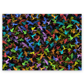 Поздравительная открытка с принтом Разноцветные птички в Екатеринбурге, 100% бумага | плотность бумаги 280 г/м2, матовая, на обратной стороне линовка и место для марки
 | Тематика изображения на принте: ворбьи | куча | паттерн | птица | птицы | радуга | радужный | синцы | стая | текстура