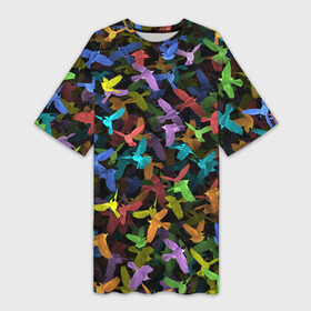 Платье-футболка 3D с принтом Разноцветные птички в Екатеринбурге,  |  | Тематика изображения на принте: ворбьи | куча | паттерн | птица | птицы | радуга | радужный | синцы | стая | текстура