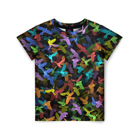 Детская футболка 3D с принтом Разноцветные птички в Екатеринбурге, 100% гипоаллергенный полиэфир | прямой крой, круглый вырез горловины, длина до линии бедер, чуть спущенное плечо, ткань немного тянется | ворбьи | куча | паттерн | птица | птицы | радуга | радужный | синцы | стая | текстура