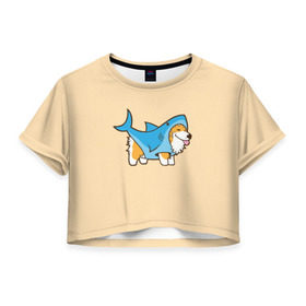 Женская футболка 3D укороченная с принтом Пес-акула в Екатеринбурге, 100% полиэстер | круглая горловина, длина футболки до линии талии, рукава с отворотами | акула | пёс | песик | рисунок