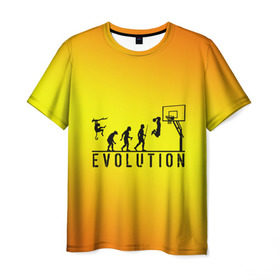 Мужская футболка 3D с принтом Эволюция баскетбола в Екатеринбурге, 100% полиэфир | прямой крой, круглый вырез горловины, длина до линии бедер | basketball | evolution | желтый | обезьяна человек | оранжевый | эволюция