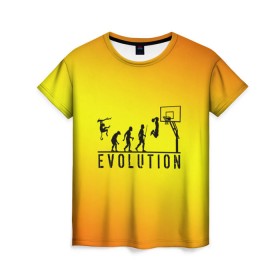 Женская футболка 3D с принтом Эволюция баскетбола в Екатеринбурге, 100% полиэфир ( синтетическое хлопкоподобное полотно) | прямой крой, круглый вырез горловины, длина до линии бедер | basketball | evolution | желтый | обезьяна человек | оранжевый | эволюция