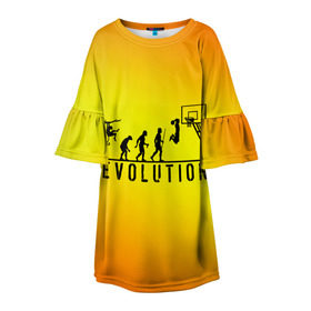 Детское платье 3D с принтом Эволюция баскетбола в Екатеринбурге, 100% полиэстер | прямой силуэт, чуть расширенный к низу. Круглая горловина, на рукавах — воланы | Тематика изображения на принте: basketball | evolution | желтый | обезьяна человек | оранжевый | эволюция