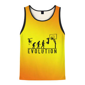 Мужская майка 3D с принтом Эволюция баскетбола в Екатеринбурге, 100% полиэстер | круглая горловина, приталенный силуэт, длина до линии бедра. Пройма и горловина окантованы тонкой бейкой | Тематика изображения на принте: basketball | evolution | желтый | обезьяна человек | оранжевый | эволюция