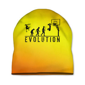 Шапка 3D с принтом Эволюция баскетбола в Екатеринбурге, 100% полиэстер | универсальный размер, печать по всей поверхности изделия | Тематика изображения на принте: basketball | evolution | желтый | обезьяна человек | оранжевый | эволюция
