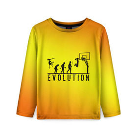 Детский лонгслив 3D с принтом Эволюция баскетбола в Екатеринбурге, 100% полиэстер | длинные рукава, круглый вырез горловины, полуприлегающий силуэт
 | basketball | evolution | желтый | обезьяна человек | оранжевый | эволюция