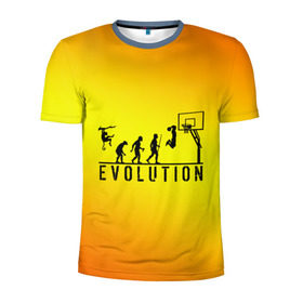 Мужская футболка 3D спортивная с принтом Эволюция баскетбола в Екатеринбурге, 100% полиэстер с улучшенными характеристиками | приталенный силуэт, круглая горловина, широкие плечи, сужается к линии бедра | Тематика изображения на принте: basketball | evolution | желтый | обезьяна человек | оранжевый | эволюция