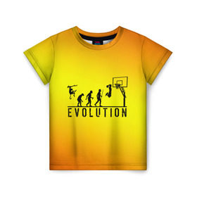 Детская футболка 3D с принтом Эволюция баскетбола в Екатеринбурге, 100% гипоаллергенный полиэфир | прямой крой, круглый вырез горловины, длина до линии бедер, чуть спущенное плечо, ткань немного тянется | basketball | evolution | желтый | обезьяна человек | оранжевый | эволюция