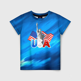Детская футболка 3D с принтом USA в Екатеринбурге, 100% гипоаллергенный полиэфир | прямой крой, круглый вырез горловины, длина до линии бедер, чуть спущенное плечо, ткань немного тянется | Тематика изображения на принте: 3d | blue | usa | америка | города | краски | любовь | страны | сша | турист | флаг