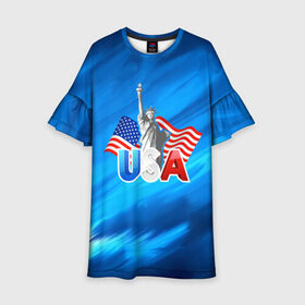 Детское платье 3D с принтом USA в Екатеринбурге, 100% полиэстер | прямой силуэт, чуть расширенный к низу. Круглая горловина, на рукавах — воланы | Тематика изображения на принте: 3d | blue | usa | америка | города | краски | любовь | страны | сша | турист | флаг