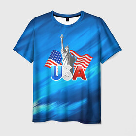 Мужская футболка 3D с принтом USA в Екатеринбурге, 100% полиэфир | прямой крой, круглый вырез горловины, длина до линии бедер | Тематика изображения на принте: 3d | blue | usa | америка | города | краски | любовь | страны | сша | турист | флаг