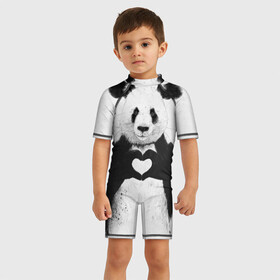 Детский купальный костюм 3D с принтом Panda heart в Екатеринбурге, Полиэстер 85%, Спандекс 15% | застежка на молнии на спине | heart | panda | арт | клевый | красивый | панда | рисунок | сердце