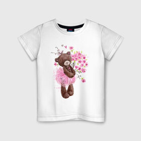 Детская футболка хлопок с принтом Цветы в Екатеринбурге, 100% хлопок | круглый вырез горловины, полуприлегающий силуэт, длина до линии бедер | акварель | балерина | девочка | игрушка | медведь | мило | мимими | пачка | плюшевый | рисунок | розы | сердце | теди