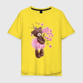 Мужская футболка хлопок Oversize с принтом Цветы в Екатеринбурге, 100% хлопок | свободный крой, круглый ворот, “спинка” длиннее передней части | акварель | балерина | девочка | игрушка | медведь | мило | мимими | пачка | плюшевый | рисунок | розы | сердце | теди