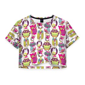 Женская футболка 3D укороченная с принтом Совы в Екатеринбурге, 100% полиэстер | круглая горловина, длина футболки до линии талии, рукава с отворотами | абстракция | паттерн | совы | цветные | яркие