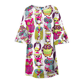 Детское платье 3D с принтом Совы в Екатеринбурге, 100% полиэстер | прямой силуэт, чуть расширенный к низу. Круглая горловина, на рукавах — воланы | абстракция | паттерн | совы | цветные | яркие