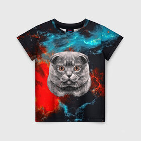 Детская футболка 3D с принтом Космический кот в Екатеринбурге, 100% гипоаллергенный полиэфир | прямой крой, круглый вырез горловины, длина до линии бедер, чуть спущенное плечо, ткань немного тянется | Тематика изображения на принте: 3d | cat | арт | взгляд | кот | кот хипстер | котёнок | котятки | котятушки | кошечки | кошка | мордочка