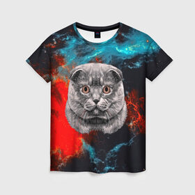 Женская футболка 3D с принтом Космический кот в Екатеринбурге, 100% полиэфир ( синтетическое хлопкоподобное полотно) | прямой крой, круглый вырез горловины, длина до линии бедер | 3d | cat | арт | взгляд | кот | кот хипстер | котёнок | котятки | котятушки | кошечки | кошка | мордочка