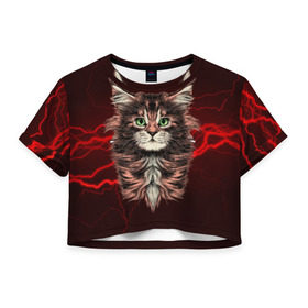 Женская футболка 3D укороченная с принтом Electro cat в Екатеринбурге, 100% полиэстер | круглая горловина, длина футболки до линии талии, рукава с отворотами | cat | взгляд | кот | кот хипстер | котёнок | котятки | кошка | молния | мордочка | разряд | электричество