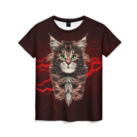 Женская футболка 3D с принтом Electro cat в Екатеринбурге, 100% полиэфир ( синтетическое хлопкоподобное полотно) | прямой крой, круглый вырез горловины, длина до линии бедер | cat | взгляд | кот | кот хипстер | котёнок | котятки | кошка | молния | мордочка | разряд | электричество