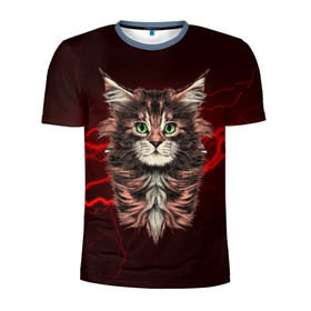 Мужская футболка 3D спортивная с принтом Electro cat в Екатеринбурге, 100% полиэстер с улучшенными характеристиками | приталенный силуэт, круглая горловина, широкие плечи, сужается к линии бедра | Тематика изображения на принте: cat | взгляд | кот | кот хипстер | котёнок | котятки | кошка | молния | мордочка | разряд | электричество