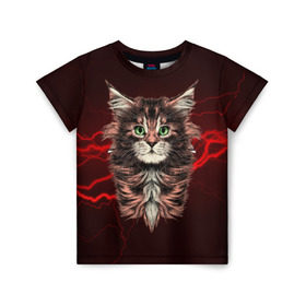 Детская футболка 3D с принтом Electro cat в Екатеринбурге, 100% гипоаллергенный полиэфир | прямой крой, круглый вырез горловины, длина до линии бедер, чуть спущенное плечо, ткань немного тянется | Тематика изображения на принте: cat | взгляд | кот | кот хипстер | котёнок | котятки | кошка | молния | мордочка | разряд | электричество