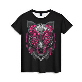 Женская футболка 3D с принтом Волк в Екатеринбурге, 100% полиэфир ( синтетическое хлопкоподобное полотно) | прямой крой, круглый вырез горловины, длина до линии бедер | wolf | арт | взгляд | графика | живопись | лис | лиса | рисунок | розовый | тотем | хищник