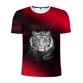 Мужская футболка 3D спортивная с принтом Тигр красные глаза в Екатеринбурге, 100% полиэстер с улучшенными характеристиками | приталенный силуэт, круглая горловина, широкие плечи, сужается к линии бедра |  хищник | багровый | большая кошка | глаза. красные | красный | кровавый | тигр