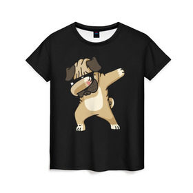 Женская футболка 3D с принтом Dog dab в Екатеринбурге, 100% полиэфир ( синтетическое хлопкоподобное полотно) | прямой крой, круглый вырез горловины, длина до линии бедер | арт | животное | мопс | музыка | собака