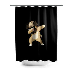 Штора 3D для ванной с принтом Dog dab в Екатеринбурге, 100% полиэстер | плотность материала — 100 г/м2. Стандартный размер — 146 см х 180 см. По верхнему краю — пластиковые люверсы для креплений. В комплекте 10 пластиковых колец | Тематика изображения на принте: арт | животное | мопс | музыка | собака