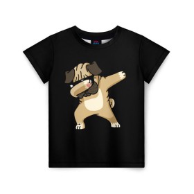 Детская футболка 3D с принтом Dog dab в Екатеринбурге, 100% гипоаллергенный полиэфир | прямой крой, круглый вырез горловины, длина до линии бедер, чуть спущенное плечо, ткань немного тянется | Тематика изображения на принте: арт | животное | мопс | музыка | собака