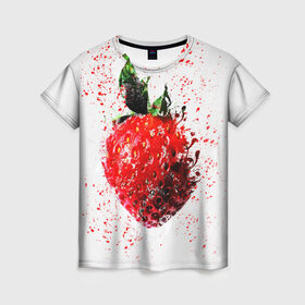 Женская футболка 3D с принтом Клубника в Екатеринбурге, 100% полиэфир ( синтетическое хлопкоподобное полотно) | прямой крой, круглый вырез горловины, длина до линии бедер | брызги | земляника | клубника | краски | красный | природа | рисунок | фрукты