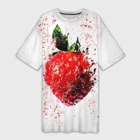 Платье-футболка 3D с принтом Клубника в Екатеринбурге,  |  | брызги | земляника | клубника | краски | красный | природа | рисунок | фрукты