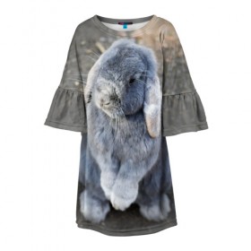 Детское платье 3D с принтом Кролик в Екатеринбурге, 100% полиэстер | прямой силуэт, чуть расширенный к низу. Круглая горловина, на рукавах — воланы | Тематика изображения на принте: грызун | животные | заяц | кролик | мордочка | природа | пушистый | уши