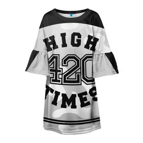 Детское платье 3D с принтом High Times 420 Camo в Екатеринбурге, 100% полиэстер | прямой силуэт, чуть расширенный к низу. Круглая горловина, на рукавах — воланы | Тематика изображения на принте: camouflage | камо | камуфляж