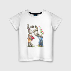 Детская футболка хлопок с принтом Любовь в Екатеринбурге, 100% хлопок | круглый вырез горловины, полуприлегающий силуэт, длина до линии бедер | акварель | зайчиха | заяц | игрушка | кролики | мимими | плюшевый | рисунок | ягода