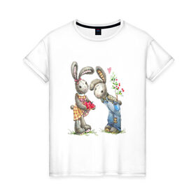 Женская футболка хлопок с принтом Любовь в Екатеринбурге, 100% хлопок | прямой крой, круглый вырез горловины, длина до линии бедер, слегка спущенное плечо | акварель | зайчиха | заяц | игрушка | кролики | мимими | плюшевый | рисунок | ягода